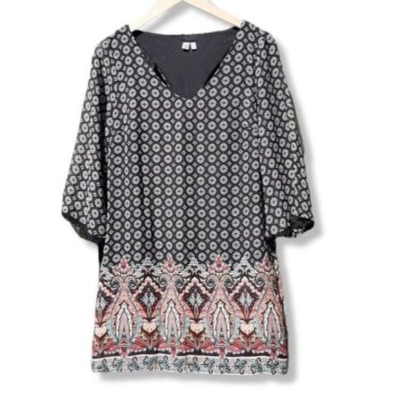 AUW Dresses & Skirts - AUW Bohemian Tunic Lined Mini Dress Back Cut-out Bell Sleeve Size M